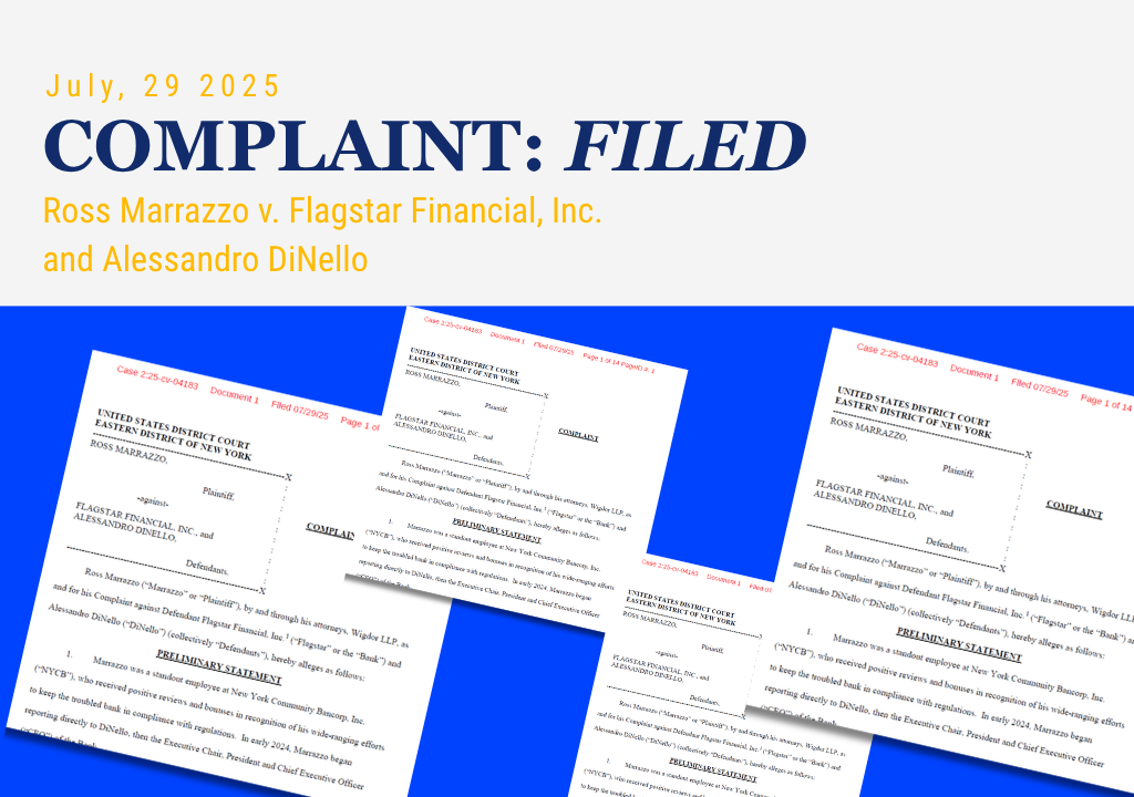 Wigdor Files Retaliation Complaint Against Financial Services Holding Company Flagstar