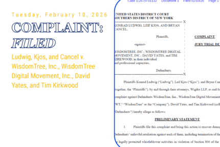 Wigdor Files Whistleblower Termination and Retaliation Complaint Against WisdomTree